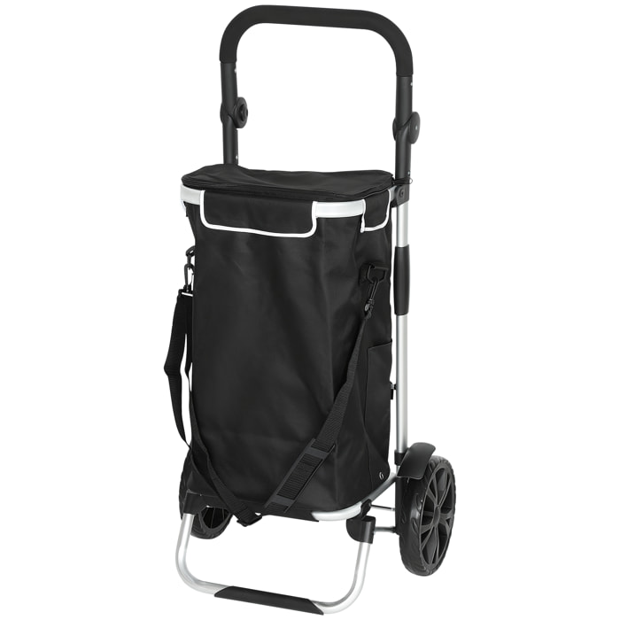 Chariot de courses pliable 3 en 1 sac à bandoulière 40L chariot transport poignée réglable compartiment isotherme alu noir