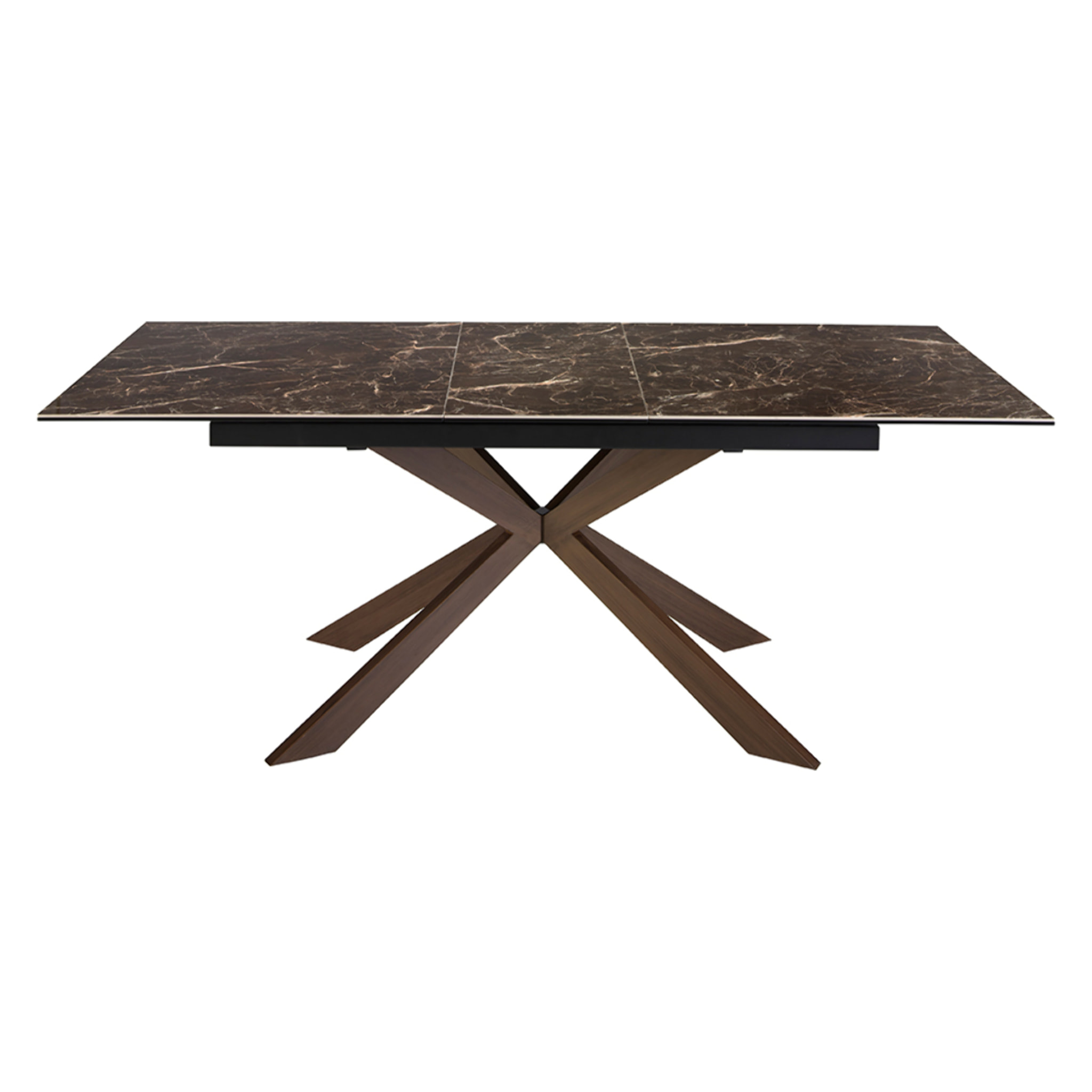 Mesa comedor extensible rectangular con tapa de mármol porcelánico en marrón con vetas crema en brillo 160x90x76cm