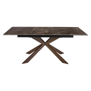 Mesa comedor extensible rectangular con tapa de mármol porcelánico en marrón con vetas crema en brillo 160x90x76cm