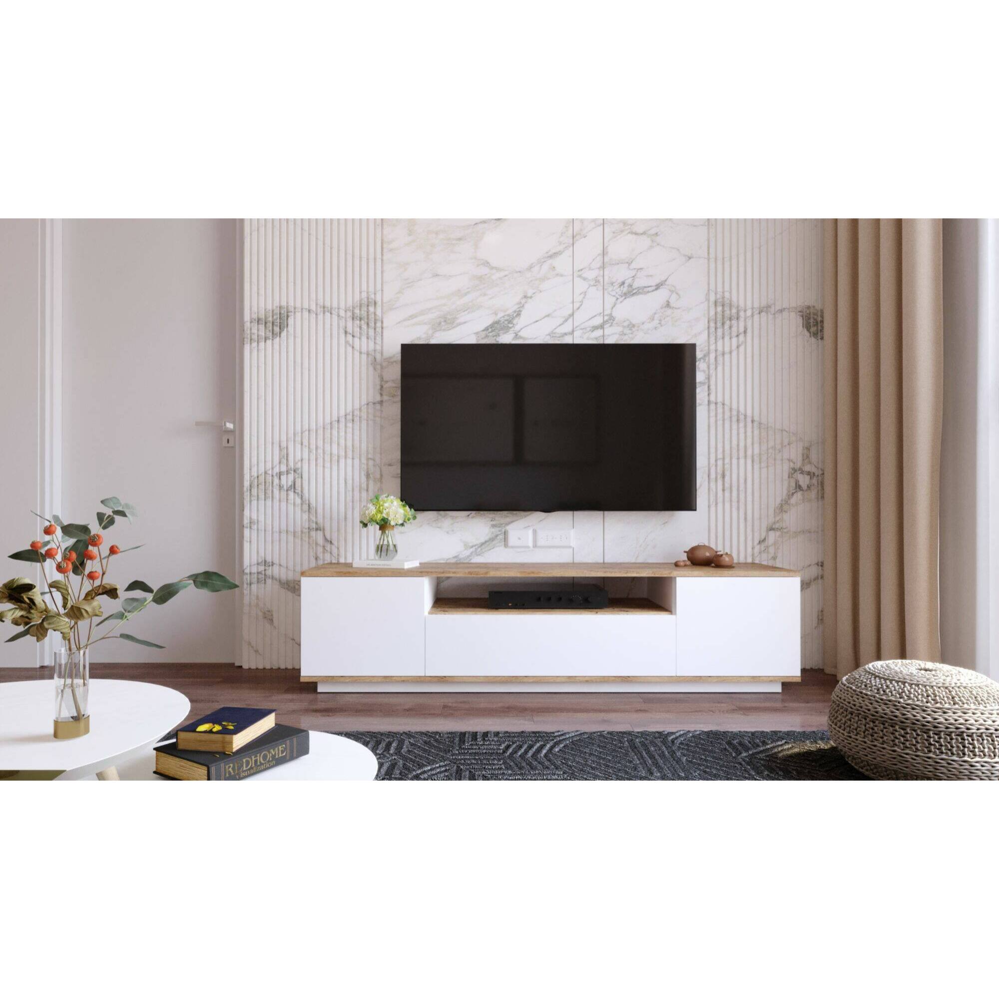 Mobile porta TV Asellina, Credenza da soggiorno, Armadio basso per TV, Base parete attrezzata, 180x45h45 cm, Quercia e Bianco