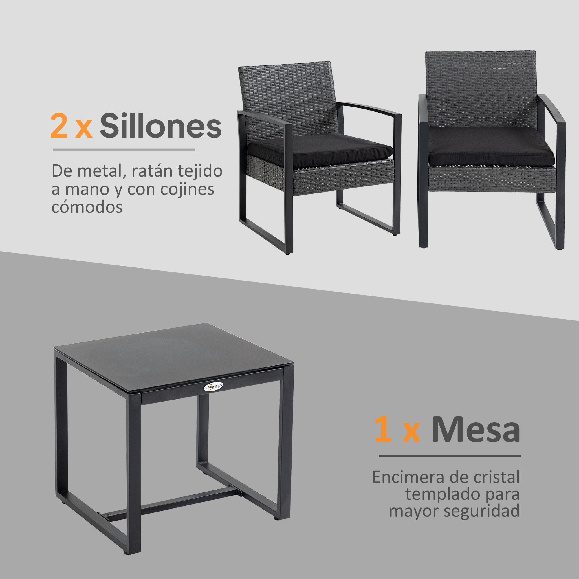 Conjunto de Jardín Exterior de 3 Piezas Juego de 2 Sillas y Mesa de Ratán con Cojines Acolchados y Encimera de Vidrio para Balcón Terraza Gris y Negro