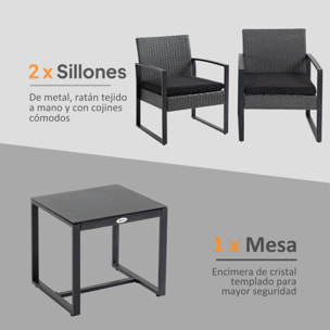 Conjunto de Jardín Exterior de 3 Piezas Juego de 2 Sillas y Mesa de Ratán con Cojines Acolchados y Encimera de Vidrio para Balcón Terraza Gris y Negro