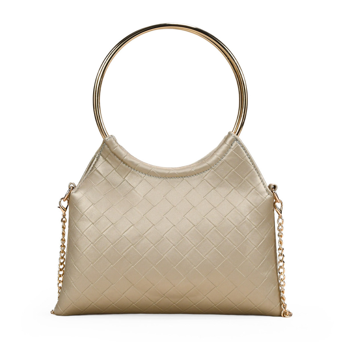 Bolso de fiesta dorado trenzado con asas metálicas