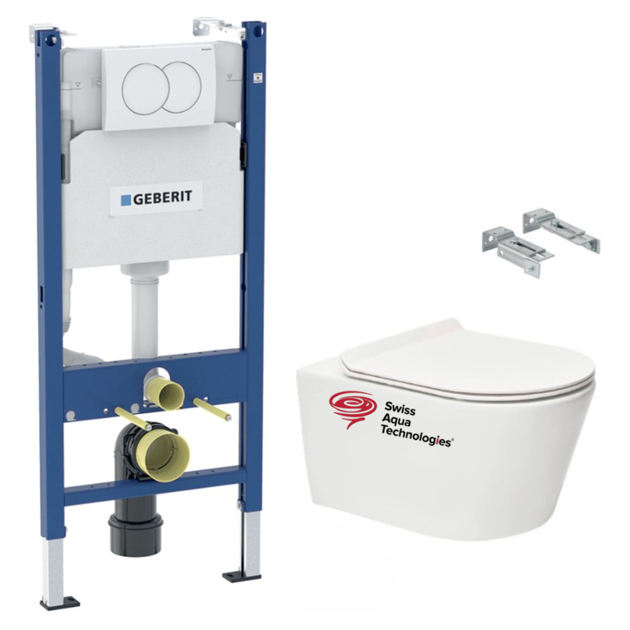 Pack WC sans bride Brevis, fixations invisibles + Abattant softclose slim + Bâti support Geberit UP100 + Plaque blanche