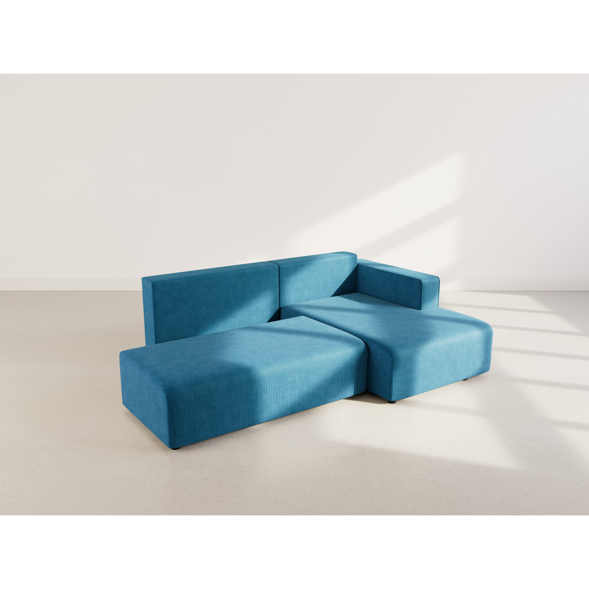 Topaze - canapé d'angle droit 4 places convertible avec coffre en velours côtelé - Bleu