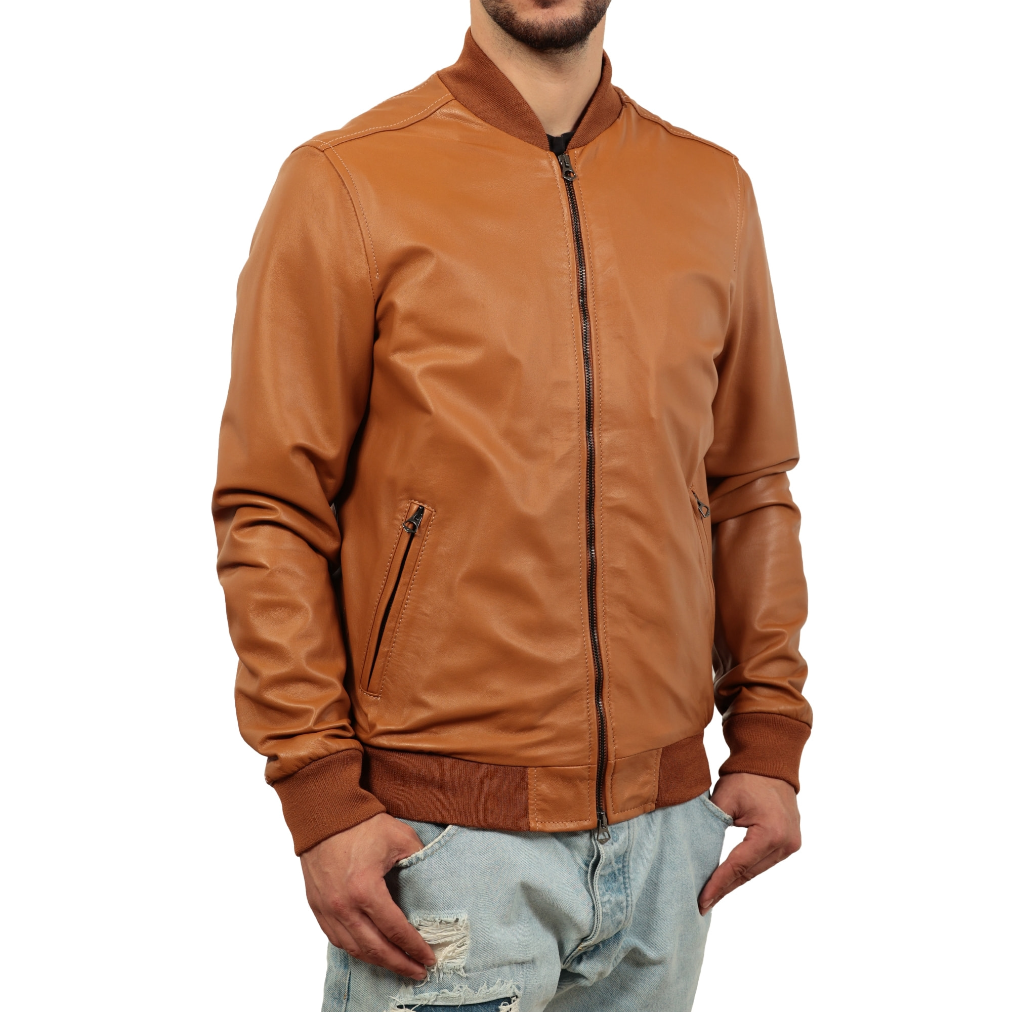 Giubbino in vera pelle di vitello color cuoio-Slim Fit