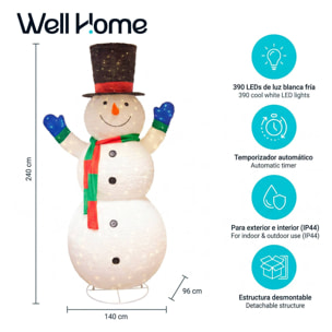 Muñeco de nieve gigante led de 140x96x240 cm, 390 leds blanco frío para exterior e interior y con temporizador
