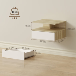 Juego de 2 Mesitas de Noche Flotantes con Cajón, Mesillas de Noche Dormitorio, Montado en la Pared, Estilo Moderno, para Sala de Estar, 35x32x22,5 cm, Roble y Blanco