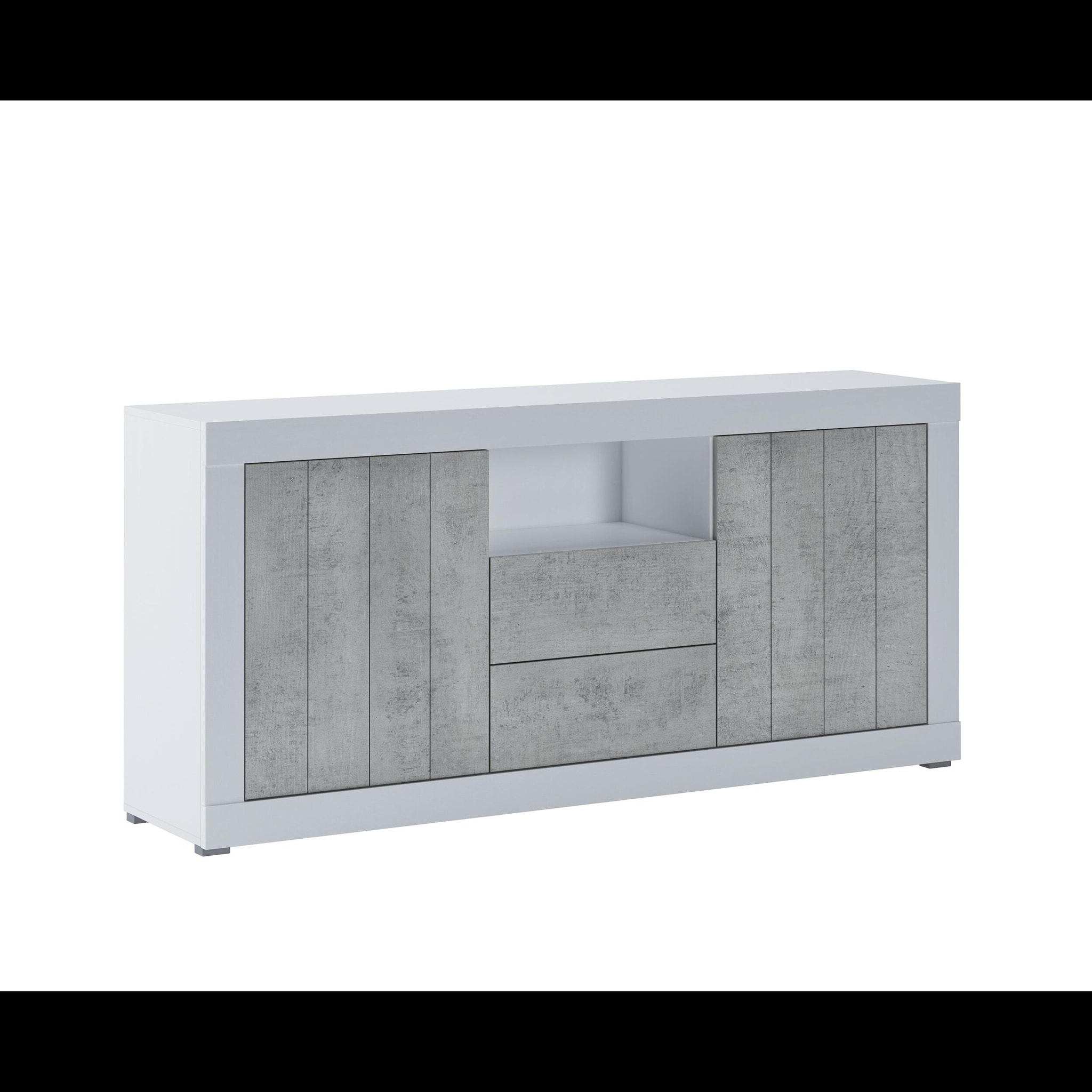 Credenza Moderna Madia Con 2 Ante 2 Cassetti Vano A Giorno Mobile Sala Pranzo Soggiorno Ingresso Senza Maniglie 184x86x42 Cm Bianco Grigio Cemento