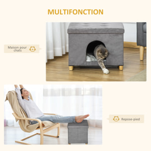 Niche chat maison de chat sur pied repose-pied 2 en 1 - coussin inclus - pliable - MDF peluche suédé gris