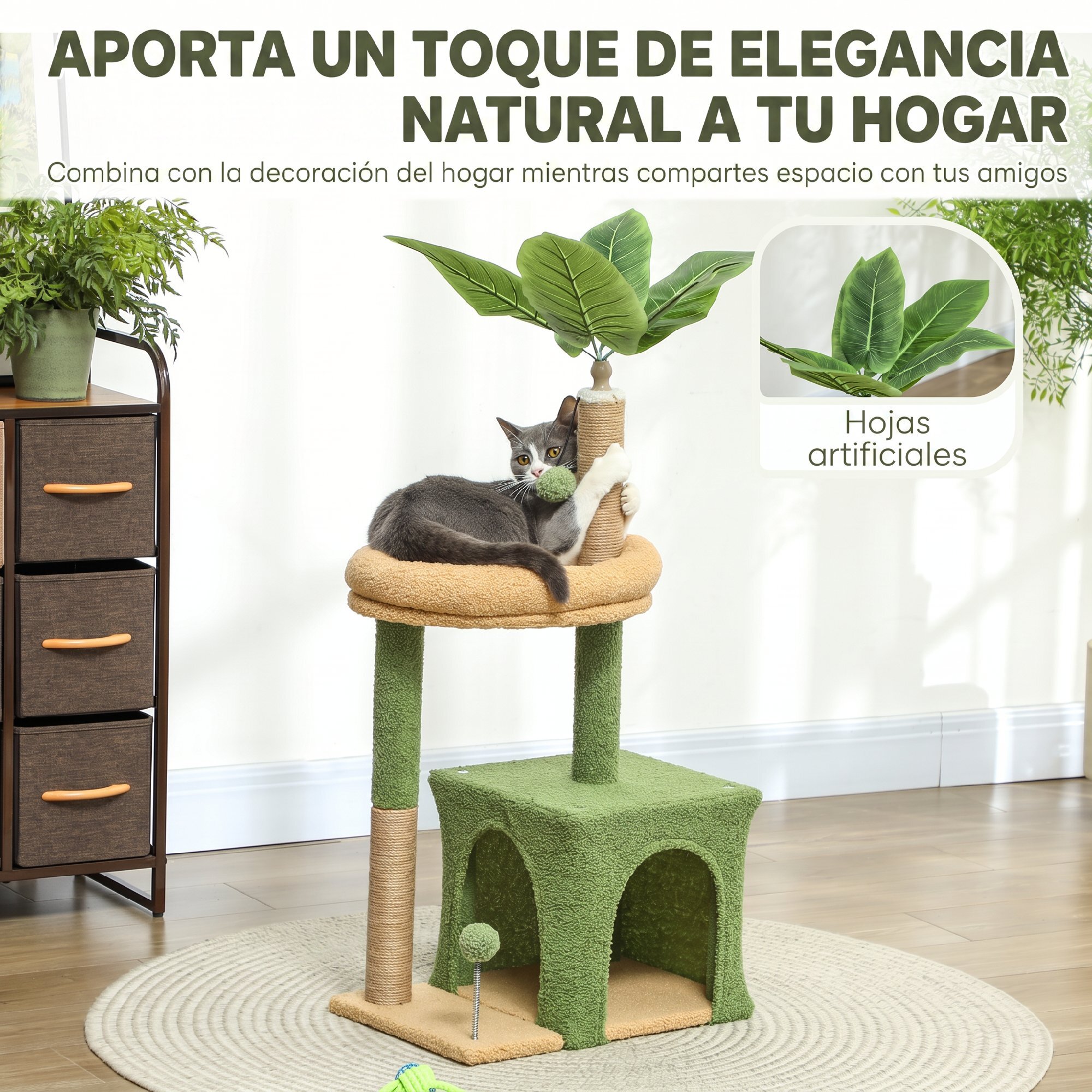 Árbol Rascador para Gatos 98 cm, Torre para Gatos con Hojas Artificiales, Cueva, Cama, Postes Rascadores, 2 Bolas de Juguete, Cubierto de Terciopelo, Verde