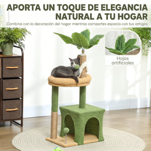 Árbol Rascador para Gatos 98 cm, Torre para Gatos con Hojas Artificiales, Cueva, Cama, Postes Rascadores, 2 Bolas de Juguete, Cubierto de Terciopelo, Verde