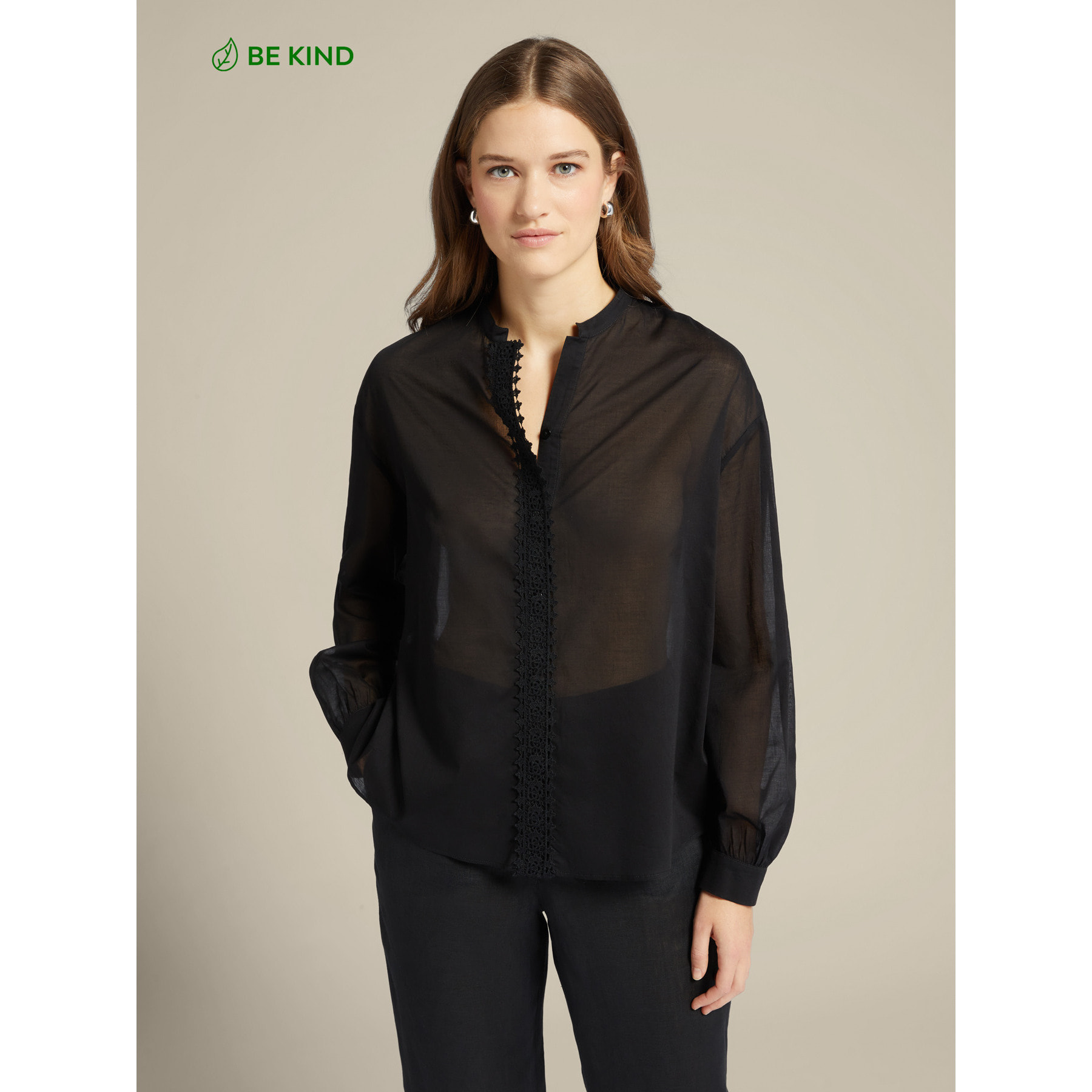 Elena Mirò - Camicia in cotone bio con bordi in pizzo - Nero