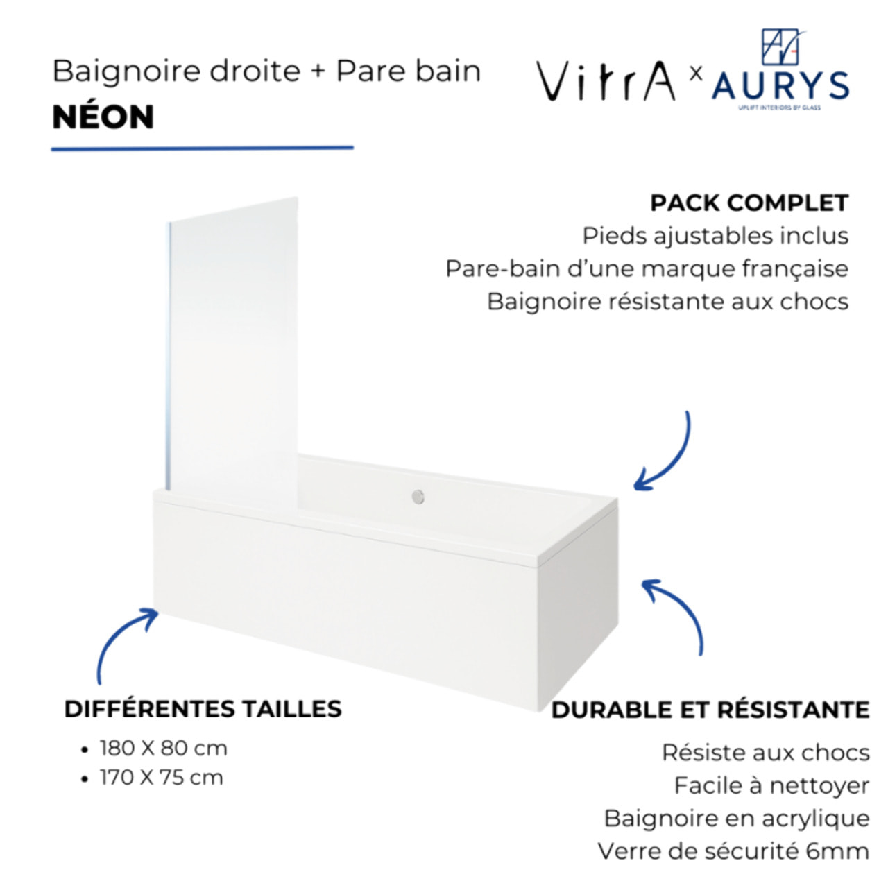 Baignoire rectangulaire Neon 170x75cm + Pare bain droit AURYS Mist 1 chromé profilé droite