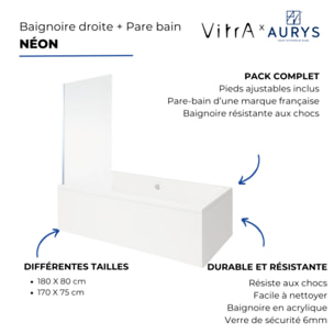 Baignoire rectangulaire Neon 170x75cm + Pare bain droit AURYS Mist 1 chromé profilé droite