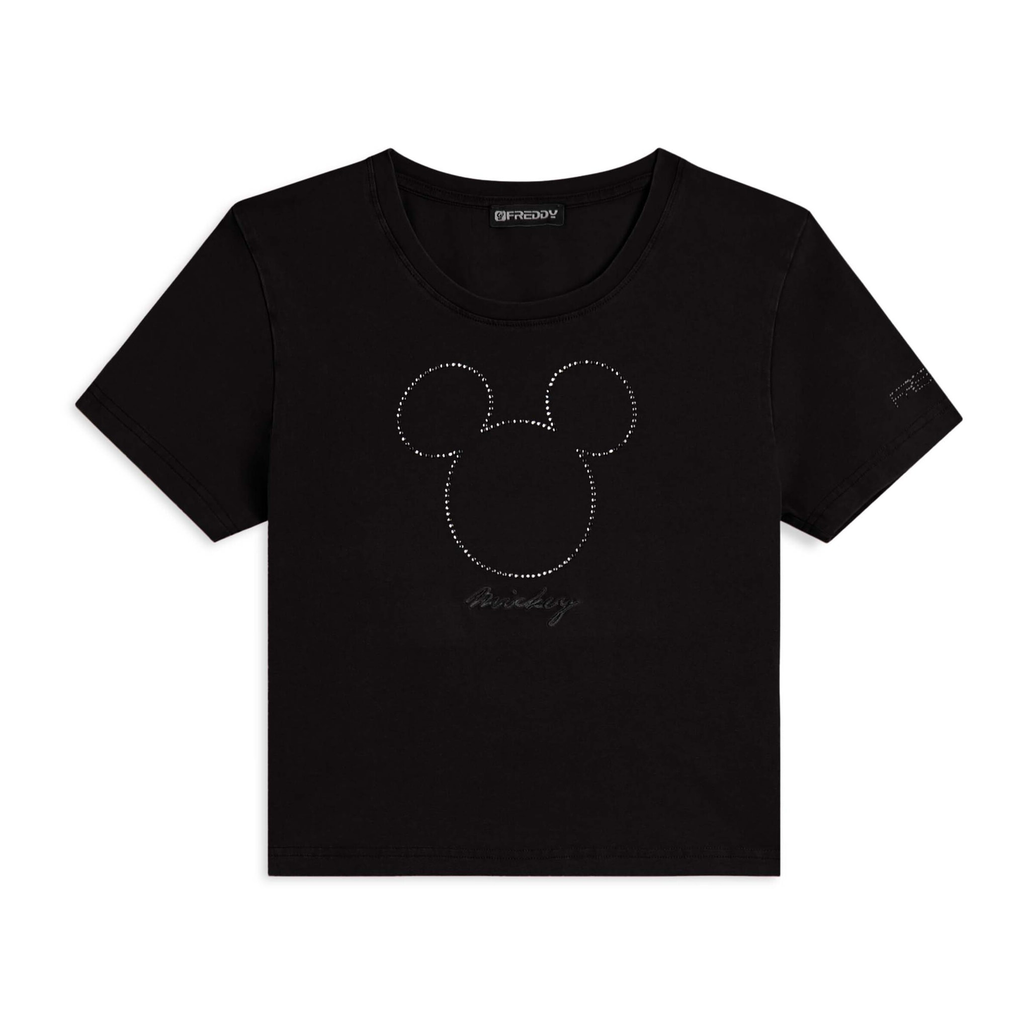 T-shirt cropped da donna con Mickey Mouse in strass