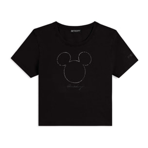 T-shirt cropped da donna con Mickey Mouse in strass