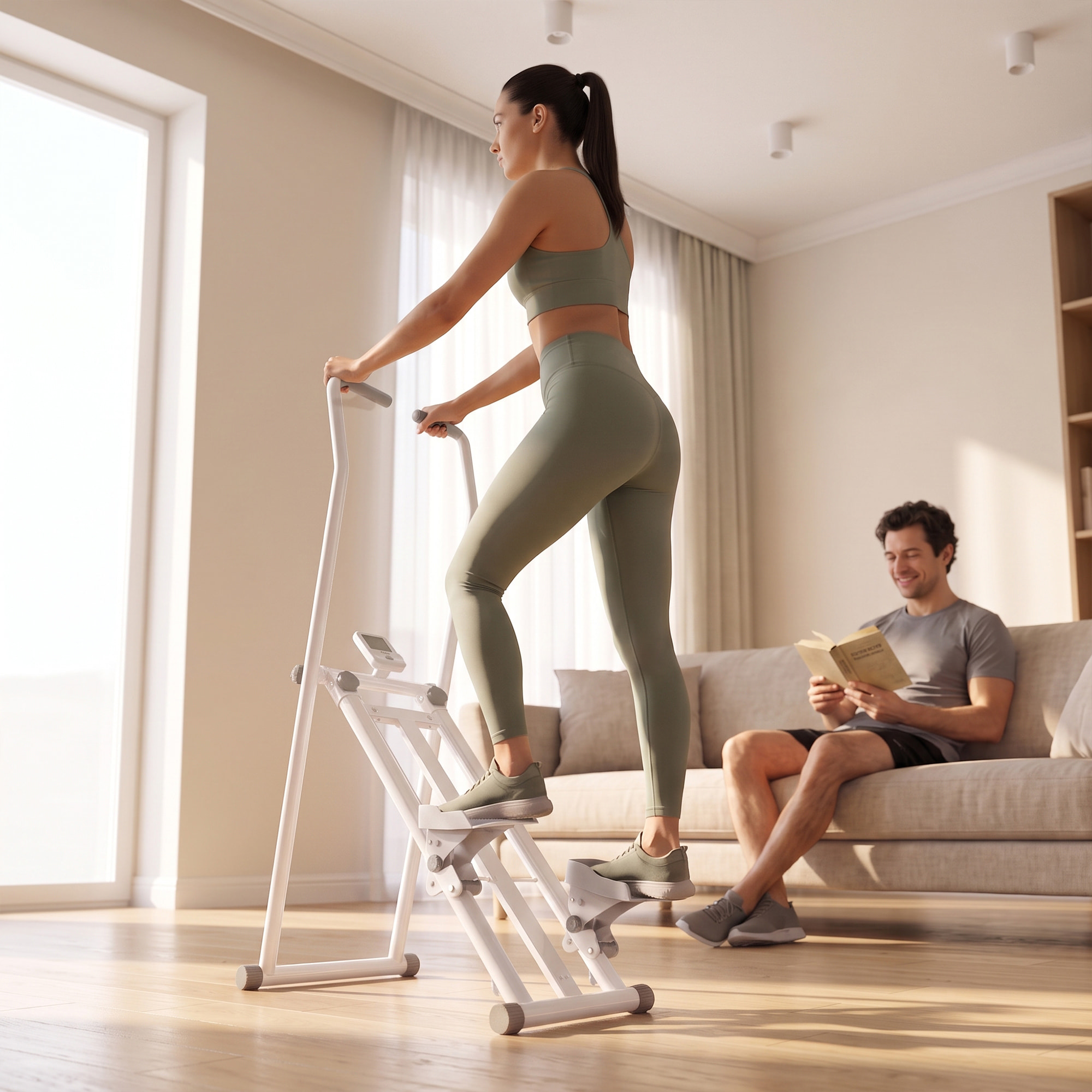SPORTNOW Stepper de Escalera Plegable con 3 Niveles de Resistencia, Escaladora Vertical con Manillar Ajustable, Máquina de Subir Escaleras con Monitor LCD y Soporte para Móvil, Carga 150 kg para Casa