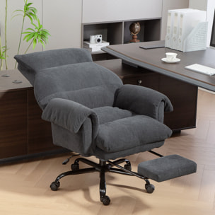 Silla de Escritorio con Reposapiés, Silla de Oficina Giratoria, con Respaldo Reclinable y Alto, Asiento y Reposabrazos Anchos, Acolchado Grueso, Tapizada en Terciopelo, Altura Ajustable, Gris