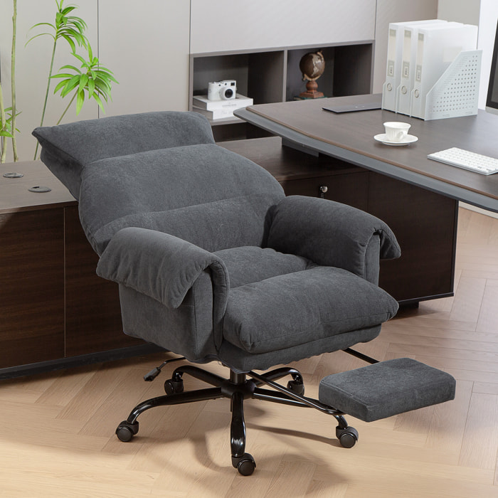 Silla de Escritorio con Reposapiés, Silla de Oficina Giratoria, con Respaldo Reclinable y Alto, Asiento y Reposabrazos Anchos, Acolchado Grueso, Tapizada en Terciopelo, Altura Ajustable, Gris