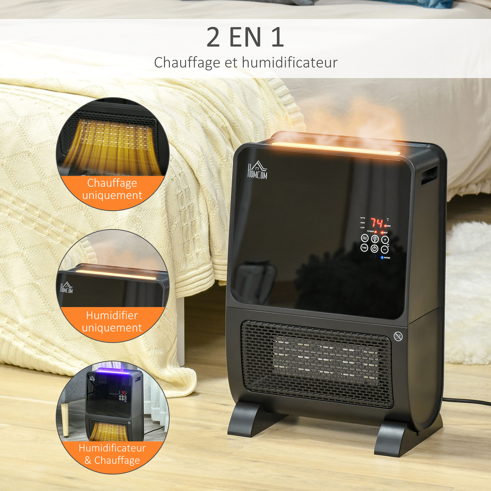 HOMCOM Chauffage humidificateur 2 en 1 avec éclairage LED 3 couleurs - chauffage soufflant 2000 W céramique PTC - 3 modes, timer - télécommande incluse - ABS noir