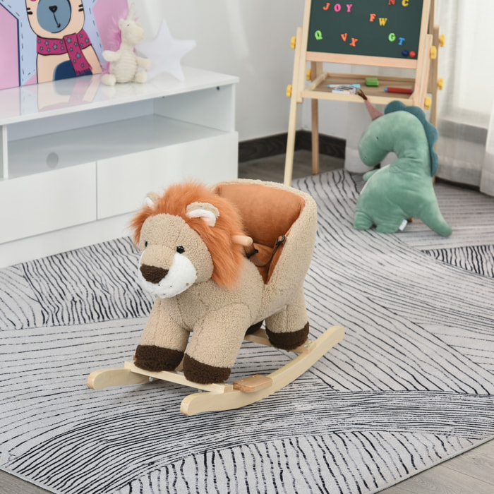 Cheval à bascule modèle lion fonction musicale selle grand confort peluche courte douce bois peuplier marron dim. 68L x 35l x 50H cm