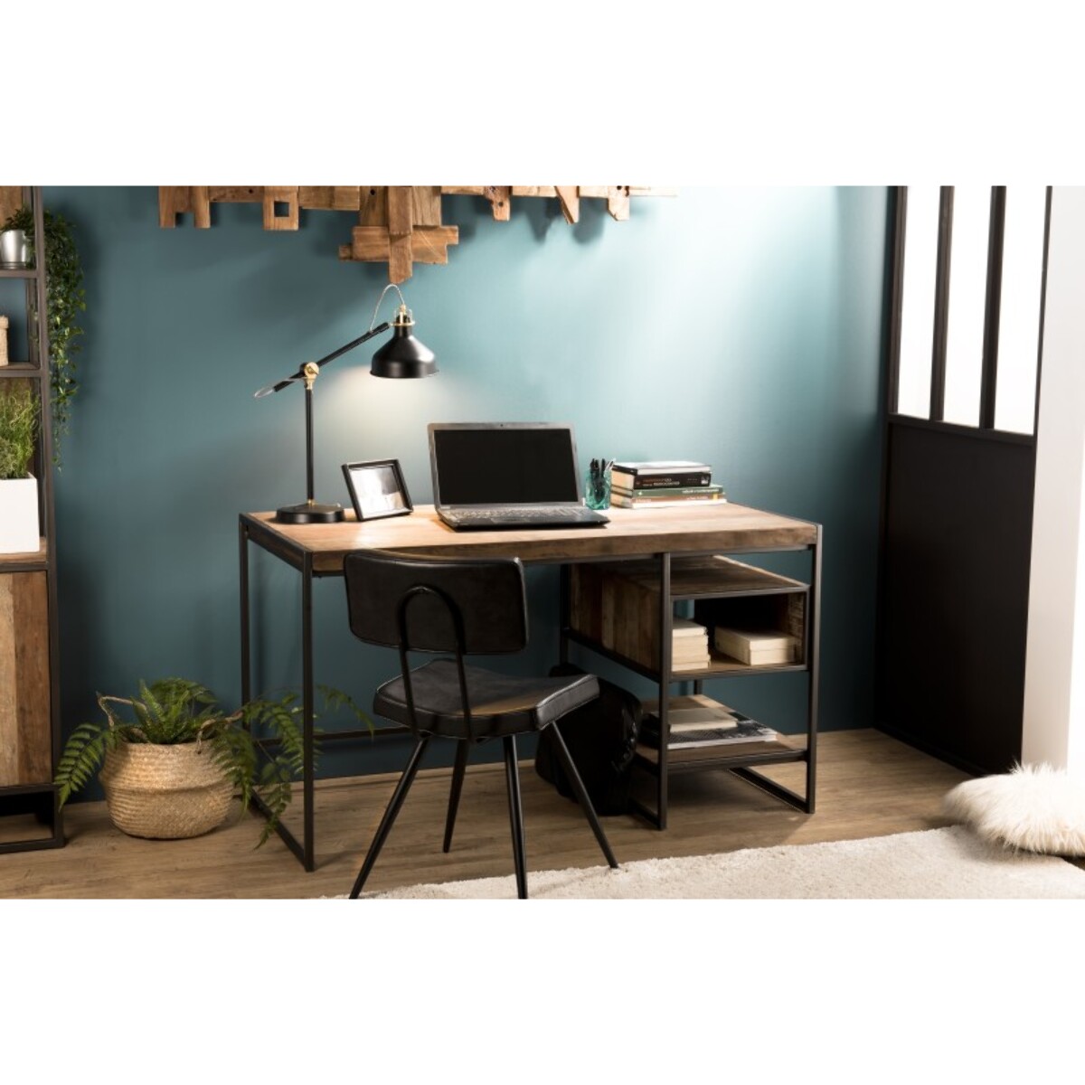 SIXTINE - Bureau marron 1 niche et 1 tablette Teck recyclé Acacia Mahogany recyclé et métal noir