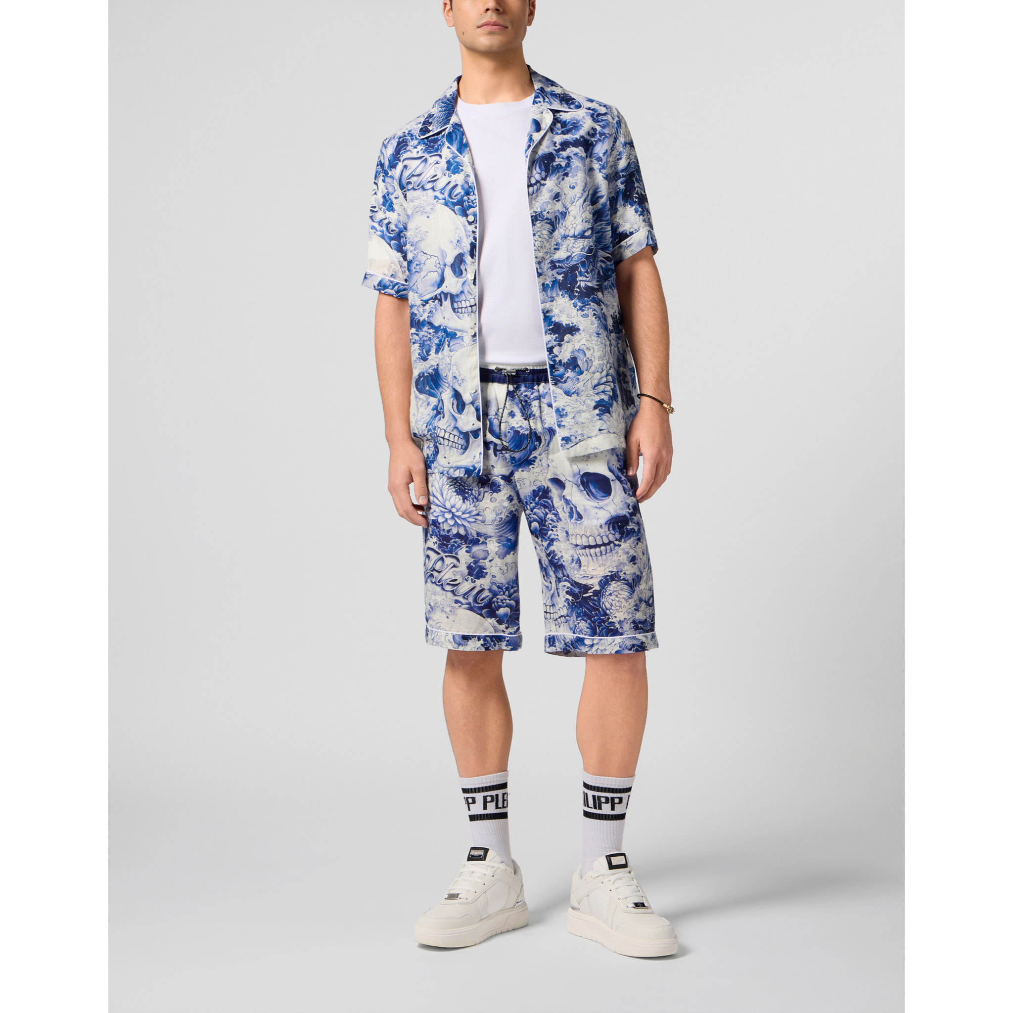 PHILIPP PLEIN Linen Bowling Shorts All-Over Ceramic