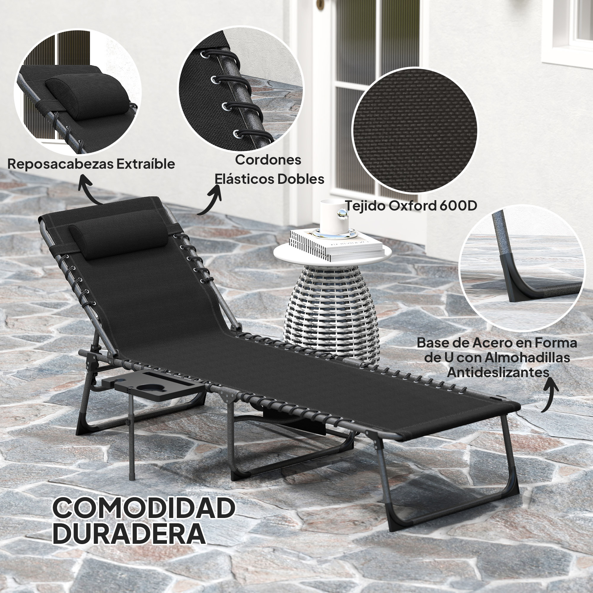 Tumbona Plegable, Tumbona Jardín Exterior con Respaldo Ajustable, Reposacabezas, Bolsillo Lateral, Bandeja y Estructura de Acero, Carga 120 kg para Terraza Piscina Playa, 190x60x31 cm, Negro
