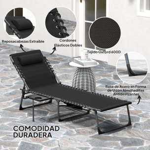 Tumbona Plegable, Tumbona Jardín Exterior con Respaldo Ajustable, Reposacabezas, Bolsillo Lateral, Bandeja y Estructura de Acero, Carga 120 kg para Terraza Piscina Playa, 190x60x31 cm, Negro