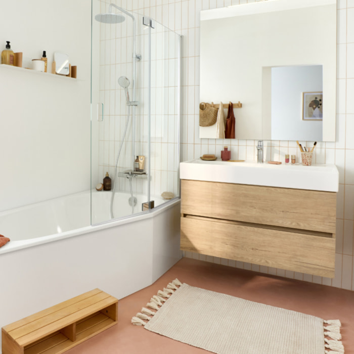 Pack baignoire bain douche 170 x 90 Bastille vidage à droite blanc brillant + tablier en angle + pare-bain chromé