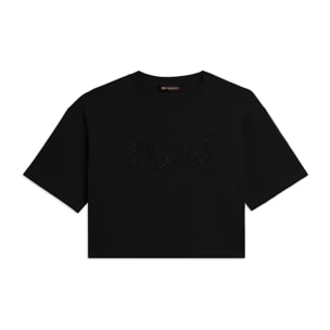 T-shirt Cropped con grafica "FLOW" e borchie