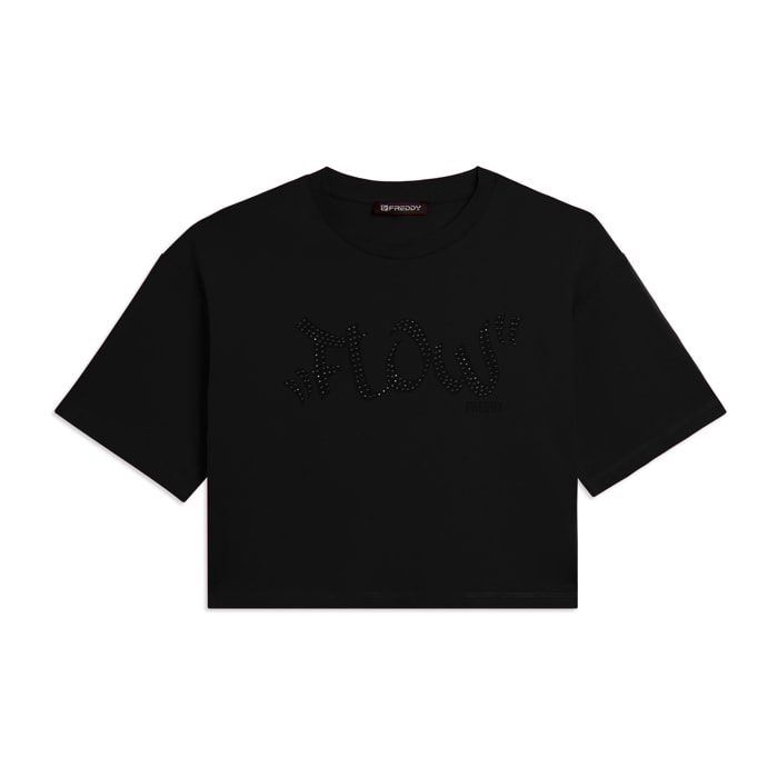 T-shirt Cropped con grafica "FLOW" e borchie