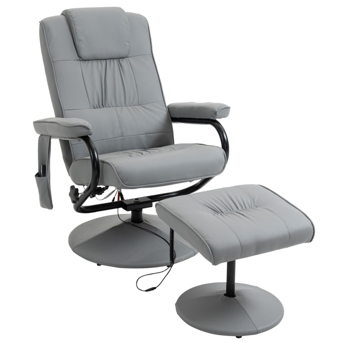 Sillón de Masaje Eléctrico con Reposapiés Sillón Relax Giratorio Reclinable hasta 145° con Control Remoto y 10 Puntos de Masaje Tapizado en PU Gris