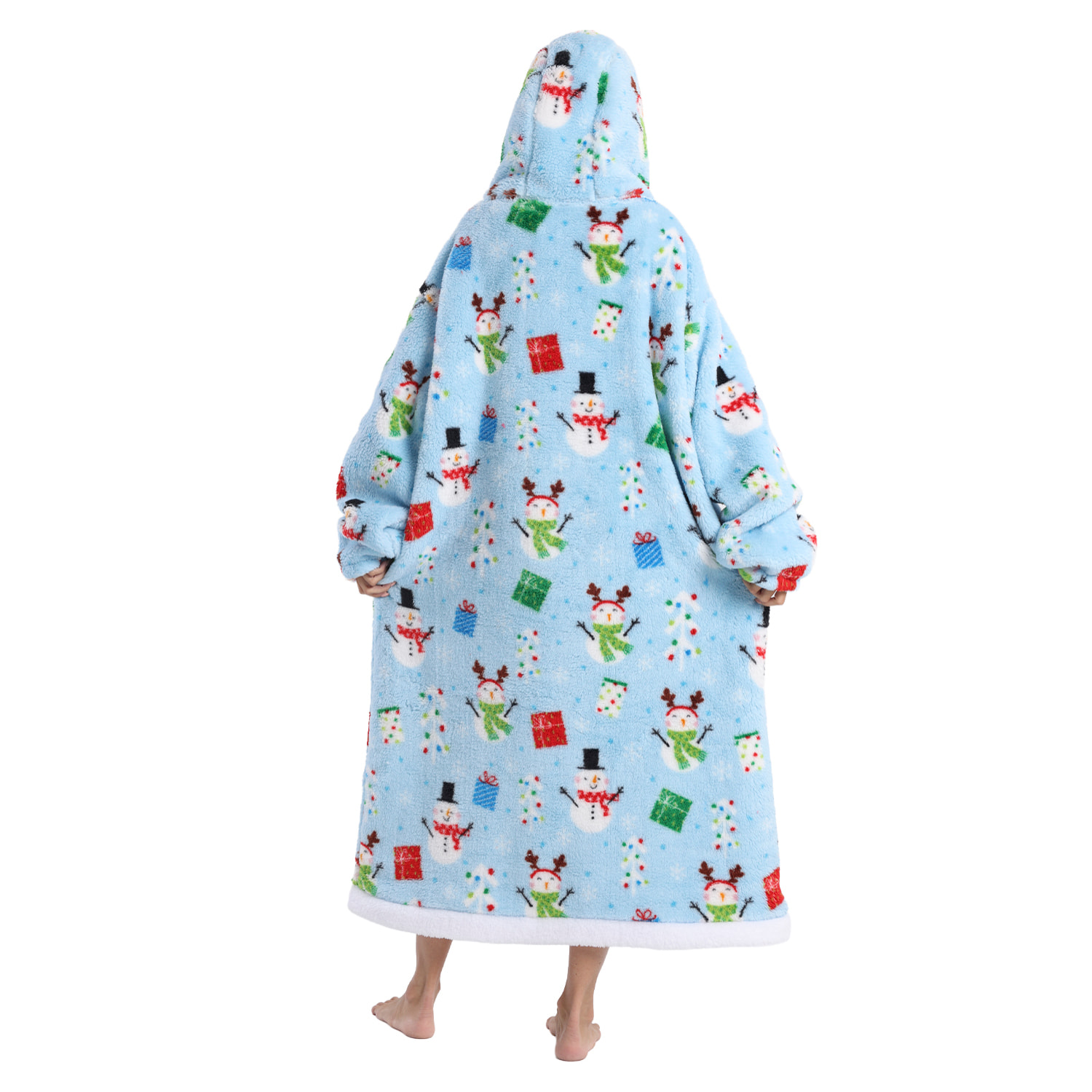 Bata estilo sudadera y manta de felpa extrasuave. Triple bolsillo frontal tipo canguro. Diseño navideño azul tipo largo.