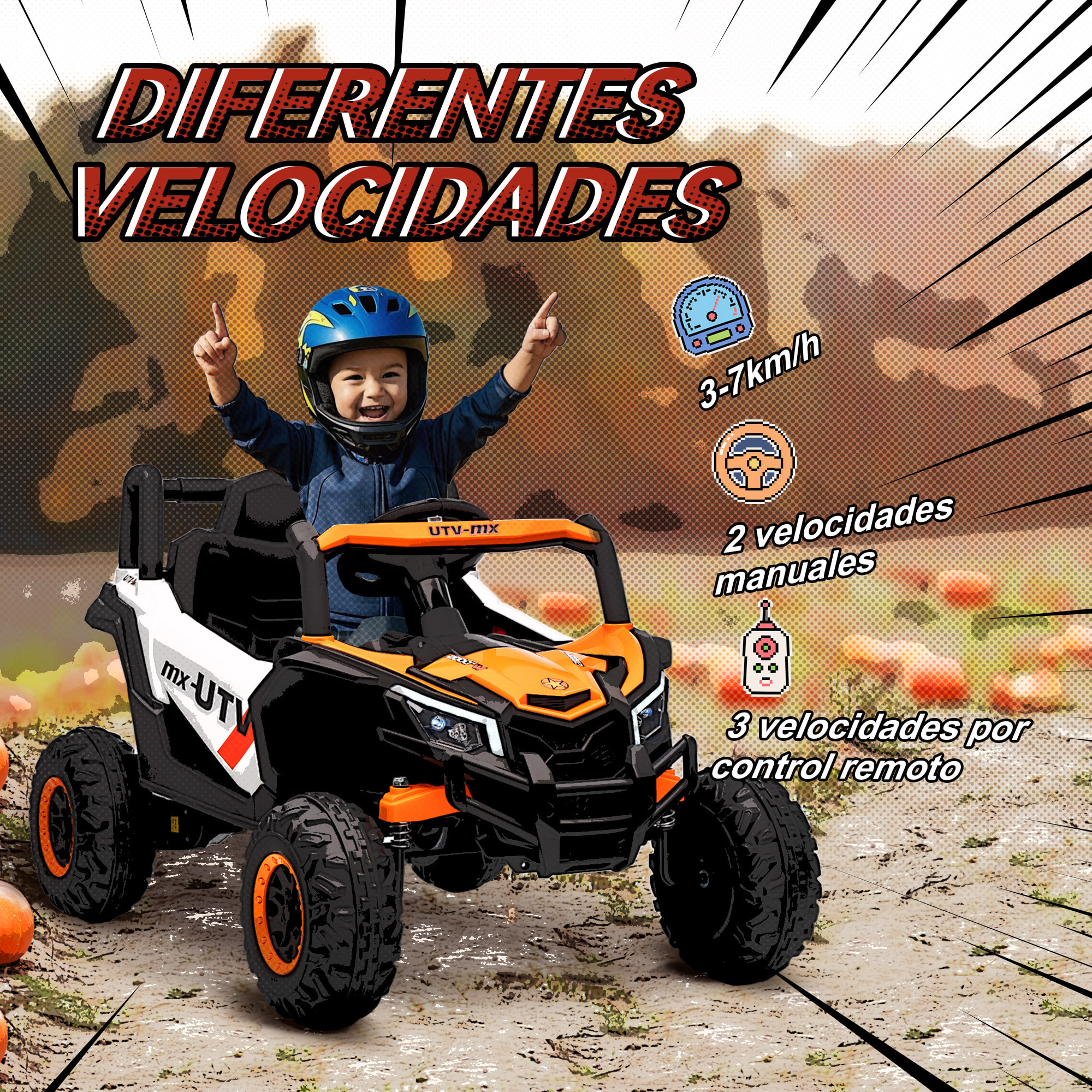Coche Eléctrico para Niños 12V, Coche de Batería UTV con 2 Motores, Control Remoto 2,4G, Velocidad hasta 7 km/h, Sistema de Suspensión, Faros, USB, para Niños de +3 Años, Naranja