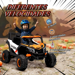 Coche Eléctrico para Niños 12V, Coche de Batería UTV con 2 Motores, Control Remoto 2,4G, Velocidad hasta 7 km/h, Sistema de Suspensión, Faros, USB, para Niños de +3 Años, Naranja