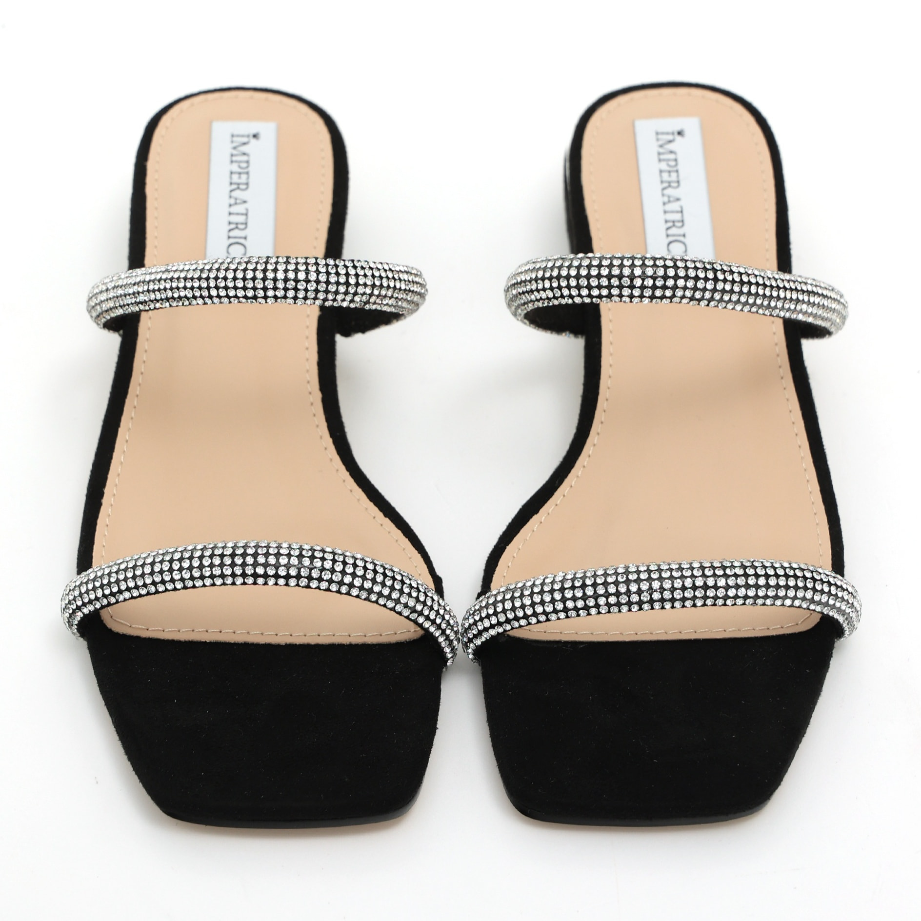 Sandali bassi in simil camoscio con fasce ricoperte di strass