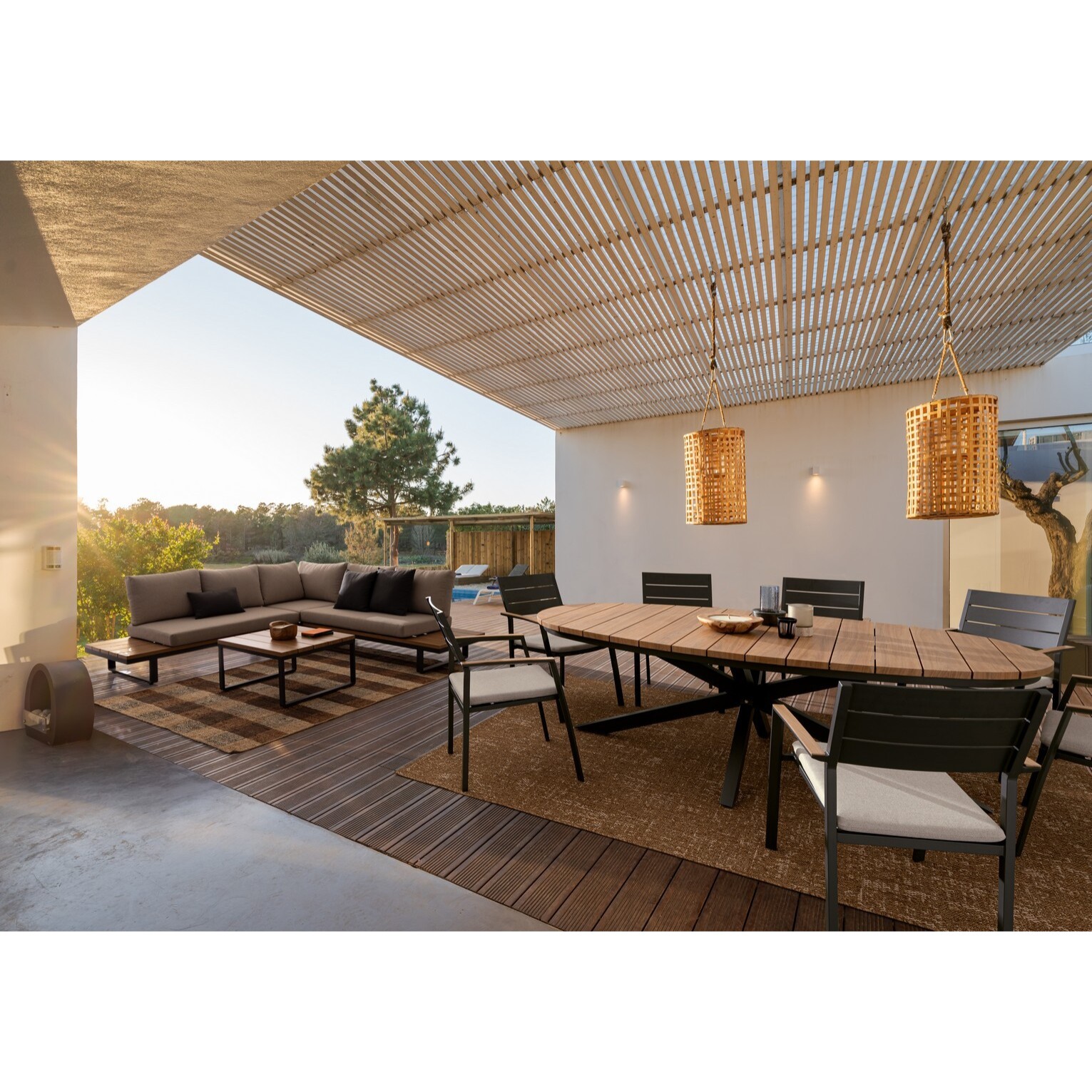 Set salotto angolare ZELMAR in alluminio antracite, color legno e tessuti beige