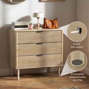 Cómoda con 3 Cajones Cómoda de Dormitorio Estilo Nórdico con Sistema Anti-vuelco Frentes con Paneles Acanalados y Tiradores Metálicos Cajonera para Salón Pasillo 80x40x77,5 cm Roble