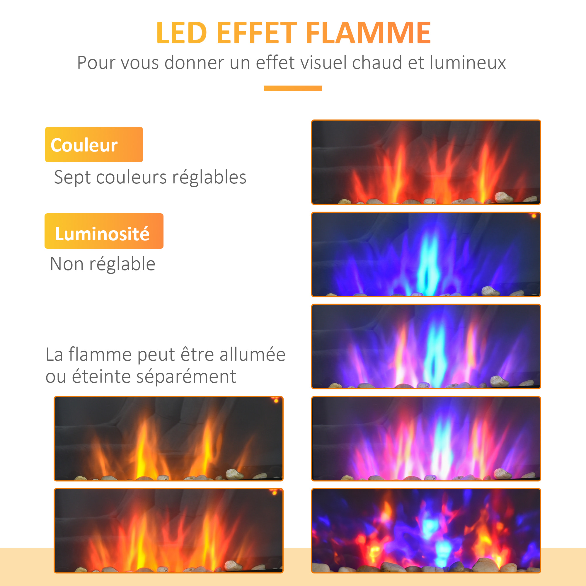 Cheminée électrique murale 1000/2000W effet flammes LED 7 couleurs réglables télécommande galets noir