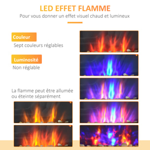 Cheminée électrique murale 1000/2000W effet flammes LED 7 couleurs réglables télécommande galets noir