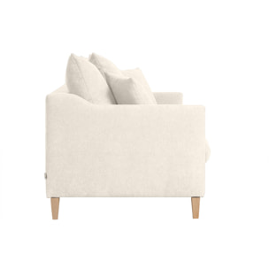 Canapé convertible scandinave 3 places en tissu effet velours beige et bois clair LOUISE