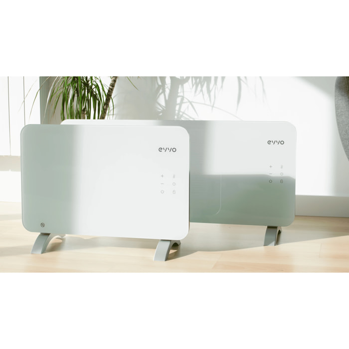 EVVO Radiador C1000 Cristal, WiFi, 1.000 W, táctil, mando, temporizador, soporte pie, seguro, silencioso, antisalpicaduras