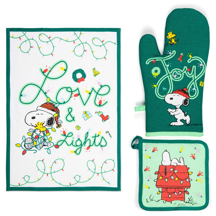Set torchon avec manique et gant de cuisine Excelsa – Peanuts Shiny And Bright, Coton Multicolore