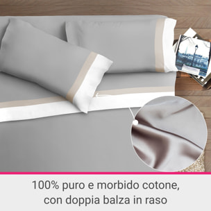 Completo letto doppia balza RASO IPERSAN Puro Cotone Bianco/Panna fondo Grigio