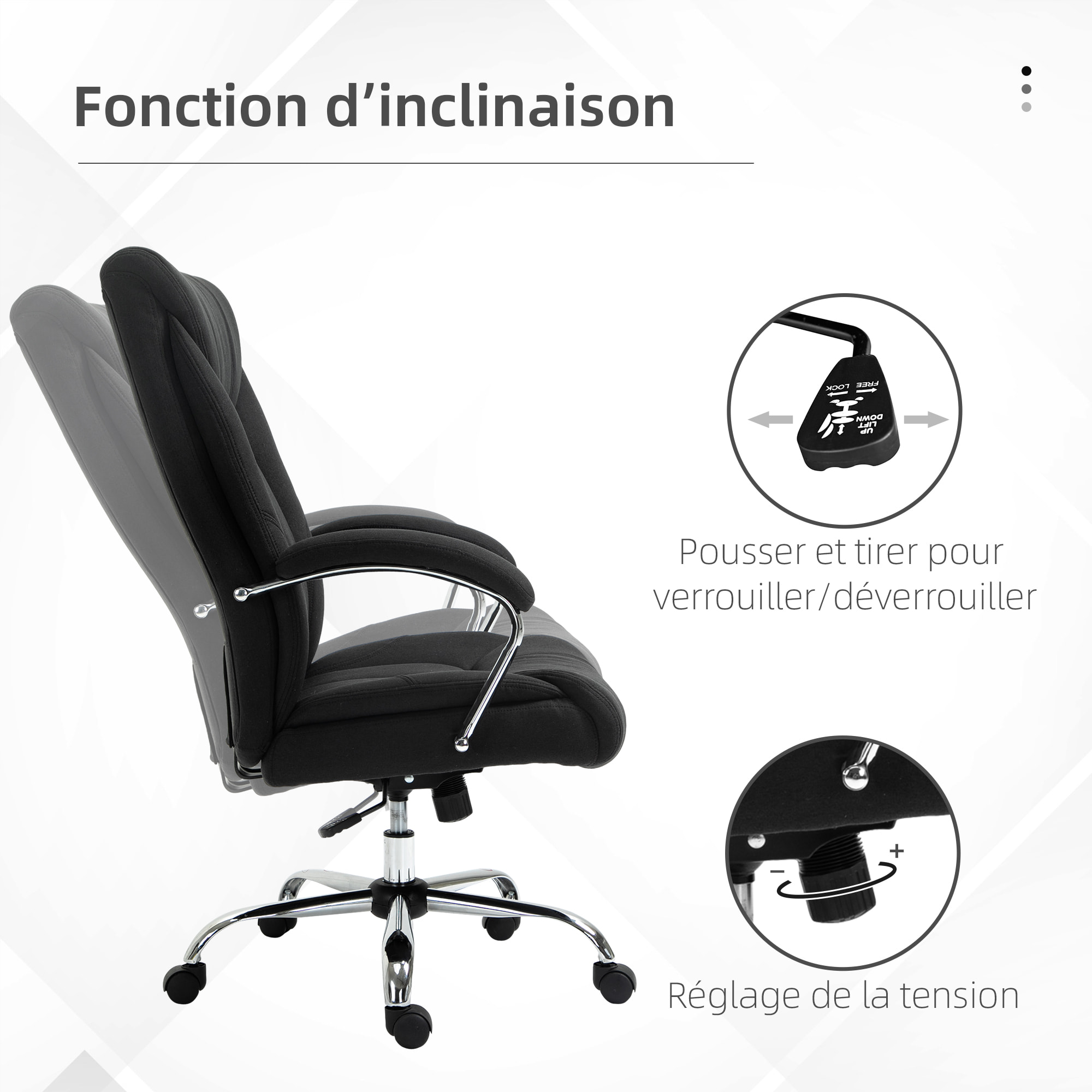 Fauteuil de bureau manager - chaise de bureau grand confort réglable pivotante - acier chromé tissu noir