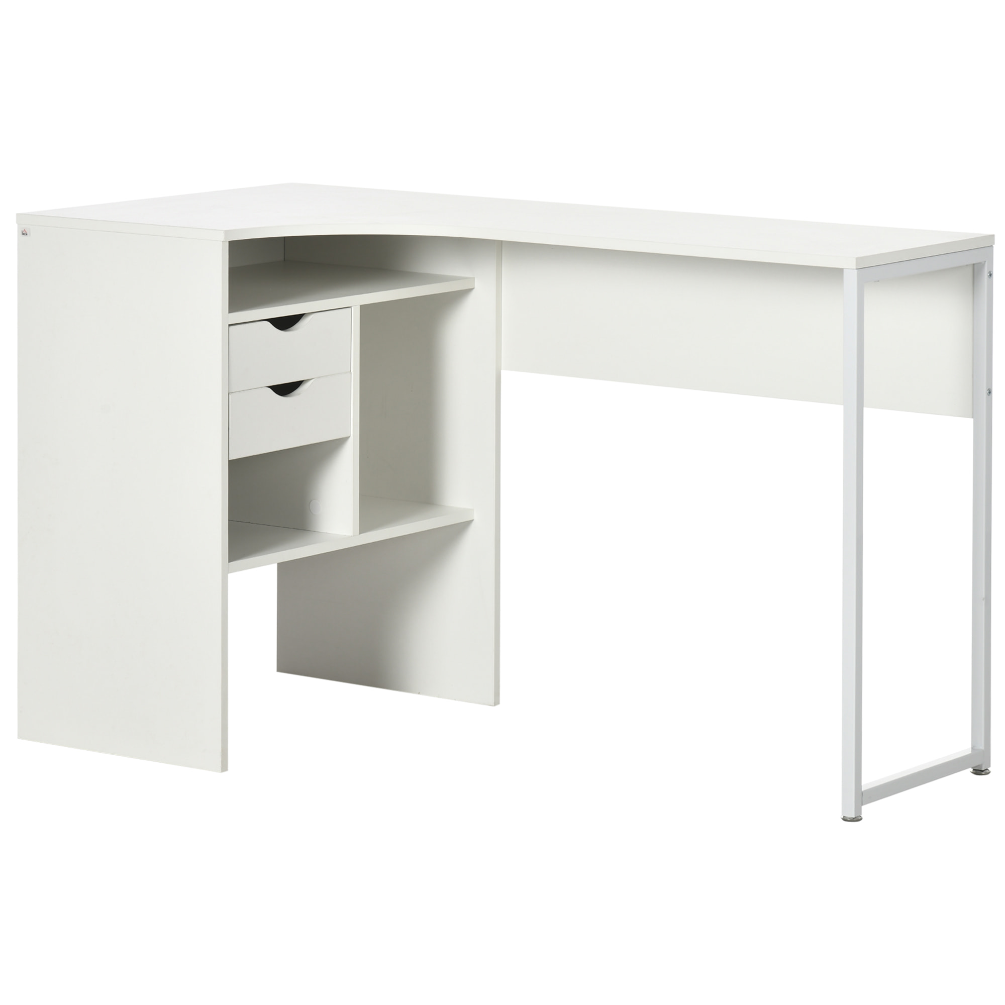 Bureau d'angle bureau informatique multimédia multi-rangement métal panneaux particules blanc