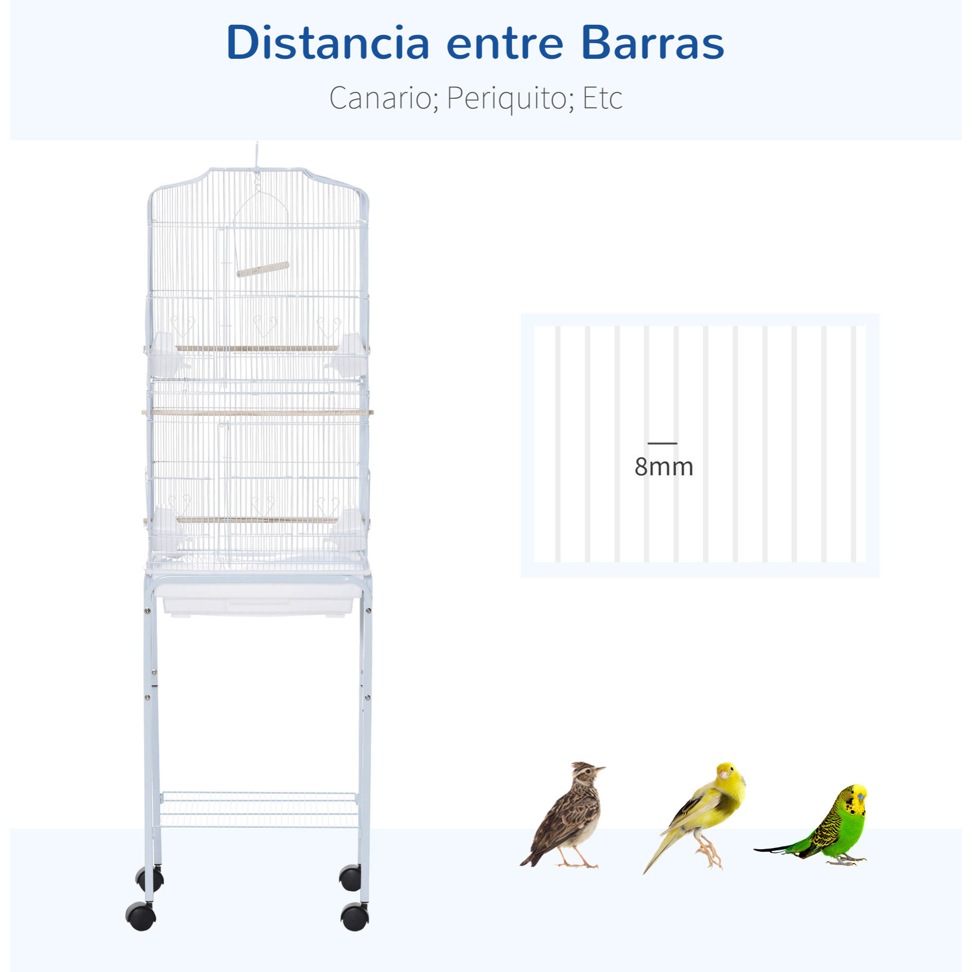 Jaula para Pájaros con Soporte 4 Ruedas Comederos y Estante 46,5x36x157cm Blanco