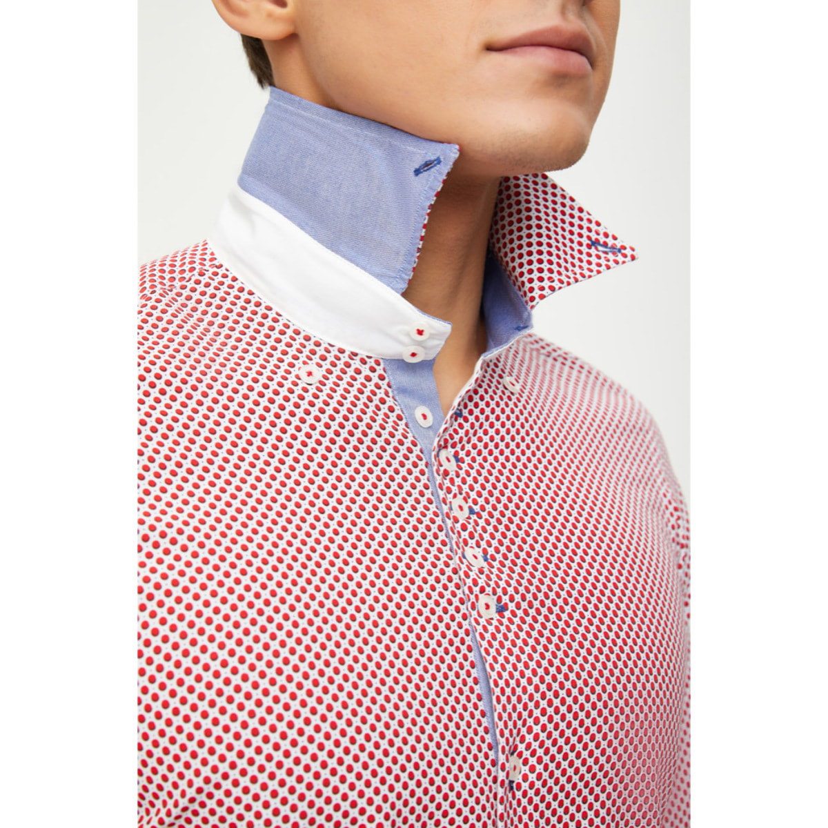 Camicia Uomo 2 Bottoni Button Down 7 Bottoni Slim Cotone Poliestere Stampa Bianco e Rosso